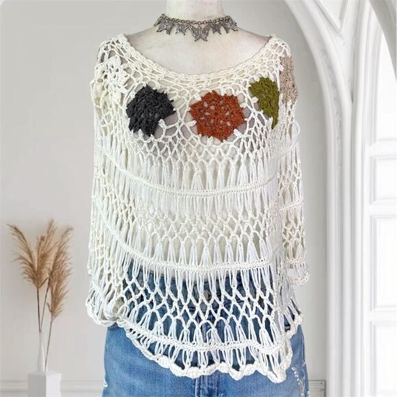Say What? Whimsygoth White Floral Boho Shawl Asymmetric Crochet Top One Size - Picture 1 of 7